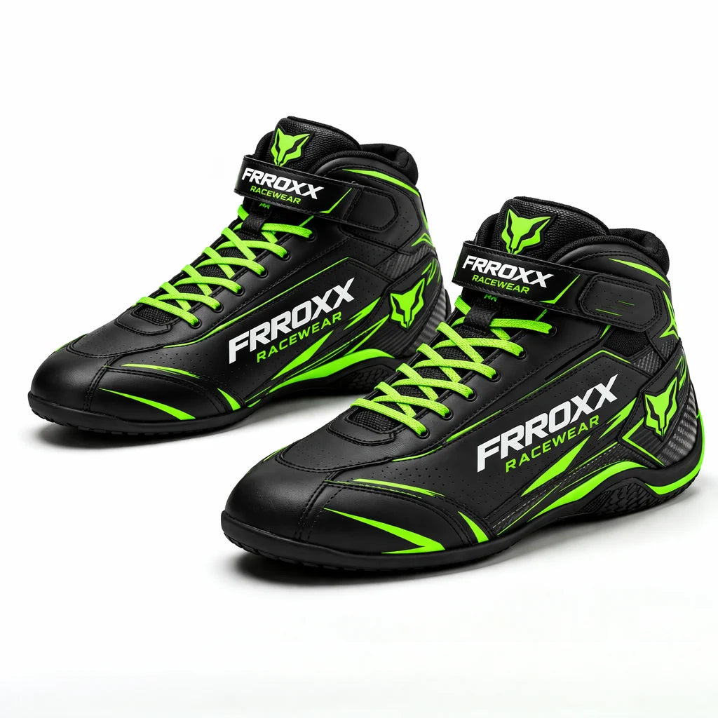 FRROXX Racewear Black & Neon Green Kart Racing Leather Shoes