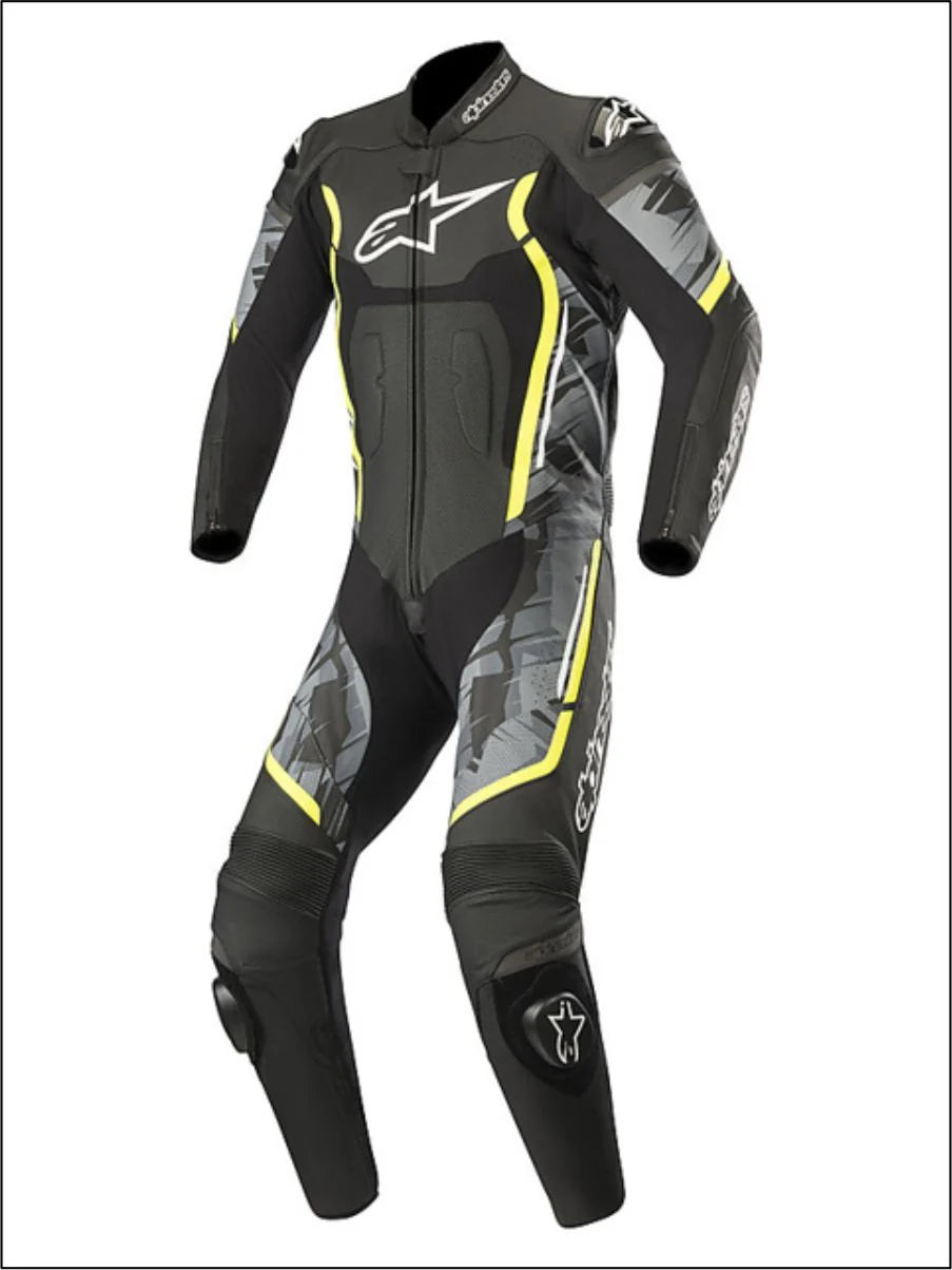Professional Alpinestars Leather Suit MOTEGI v2 Black Yellow Fluo