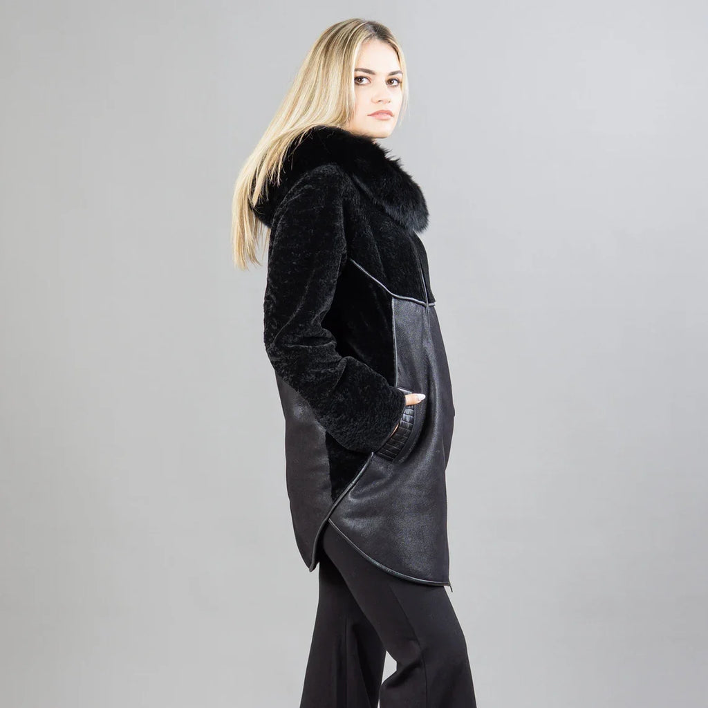 Black Sheepskin Hooded Fur Coat With Leather Details