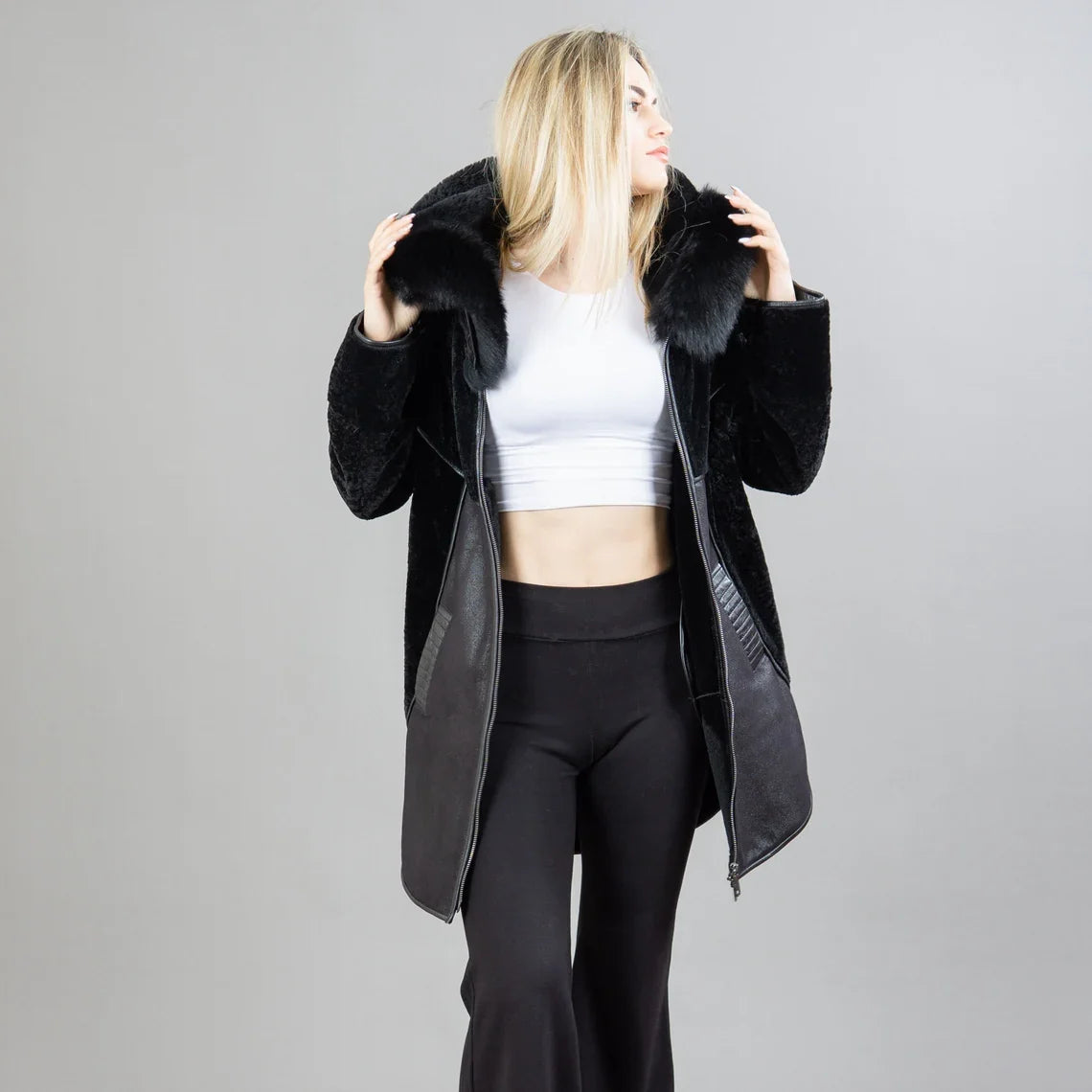 Black Sheepskin Hooded Fur Coat With Leather Details