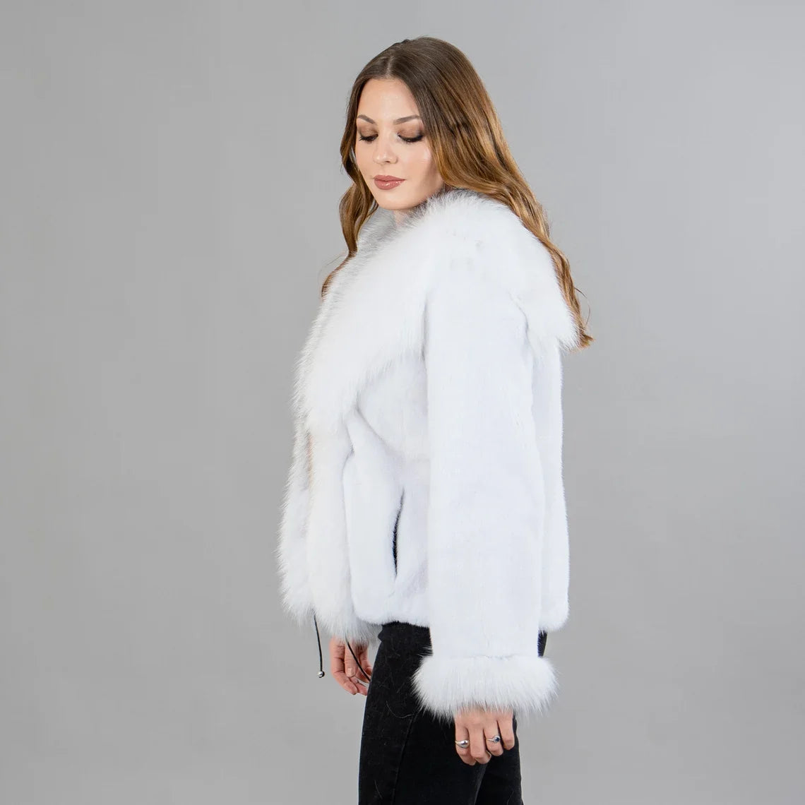 White mink fur jacket with fox fur details