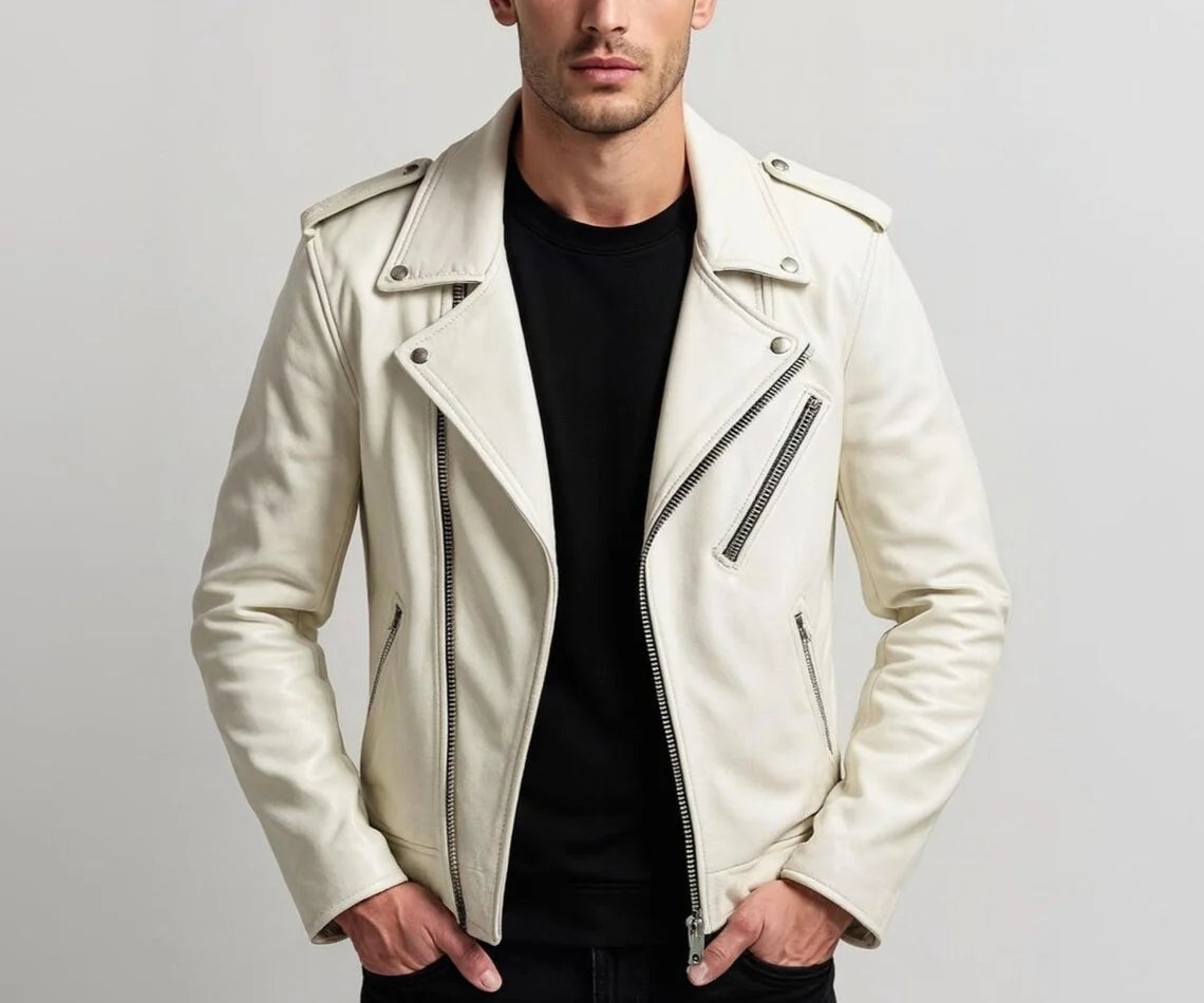 Handmade White Lambskin Leather Biker Jacket – Slim Fit