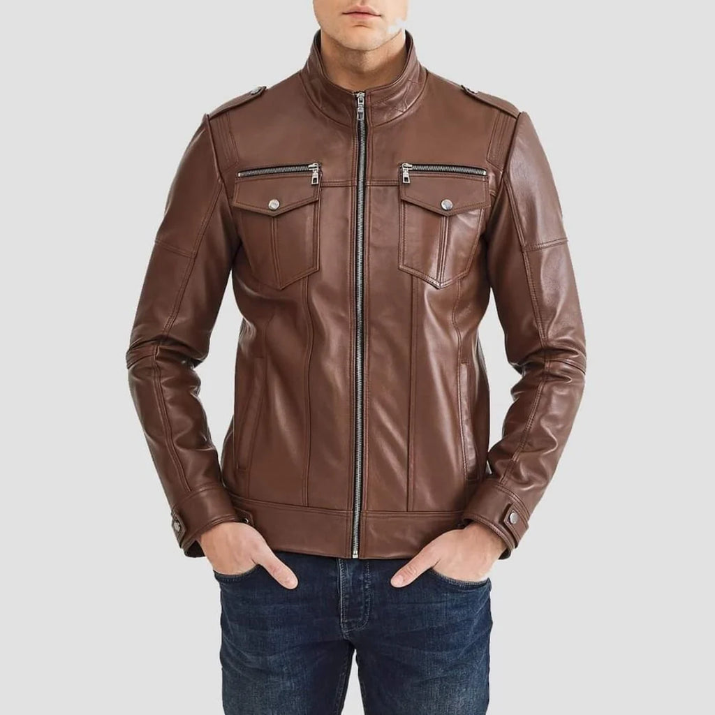Handmade Brown Faux Leather Moto Jacket: Slim Fit Biker Style