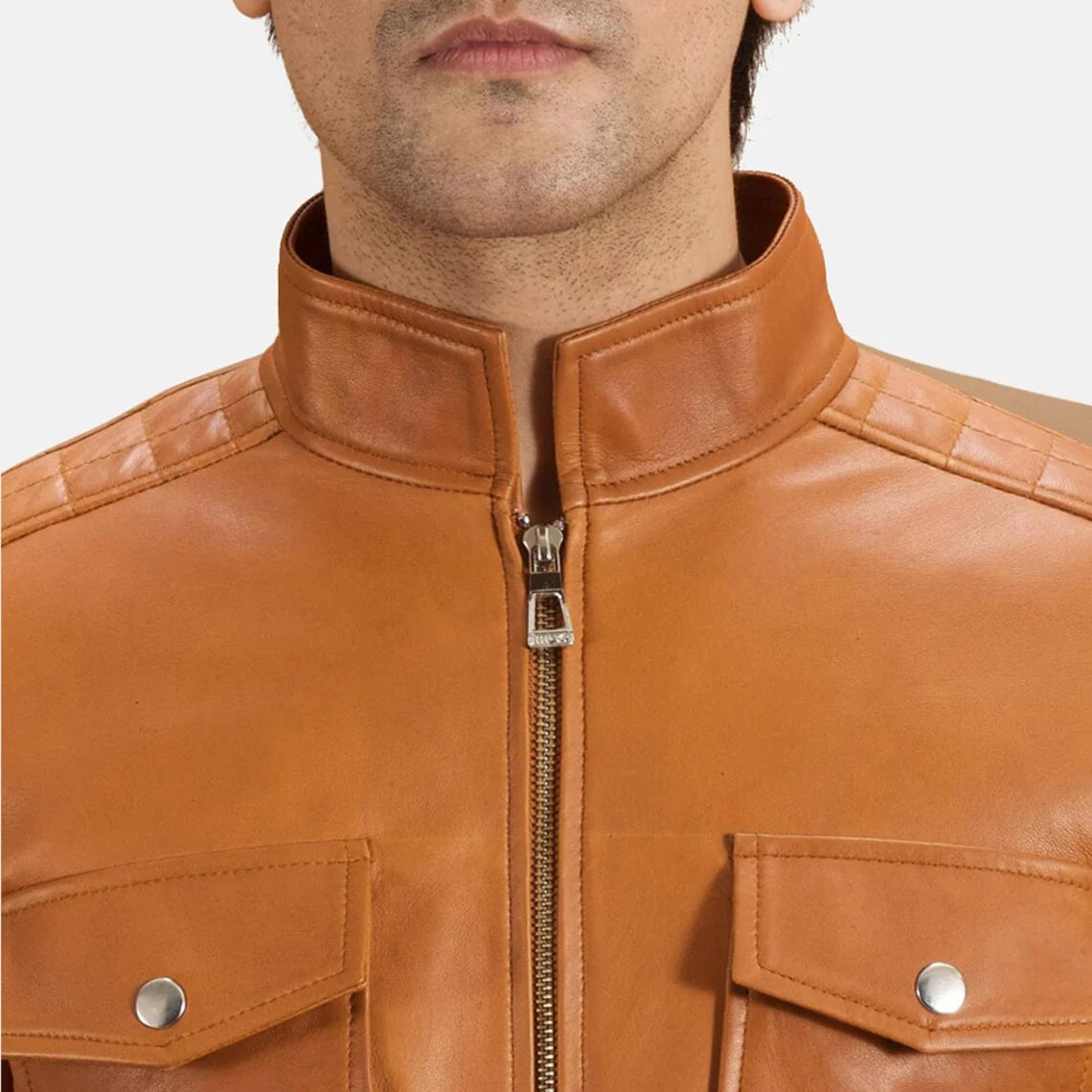 Men's Original Tan Leather Biker Jacket Front Zipper Handmade Slim fit Coat
