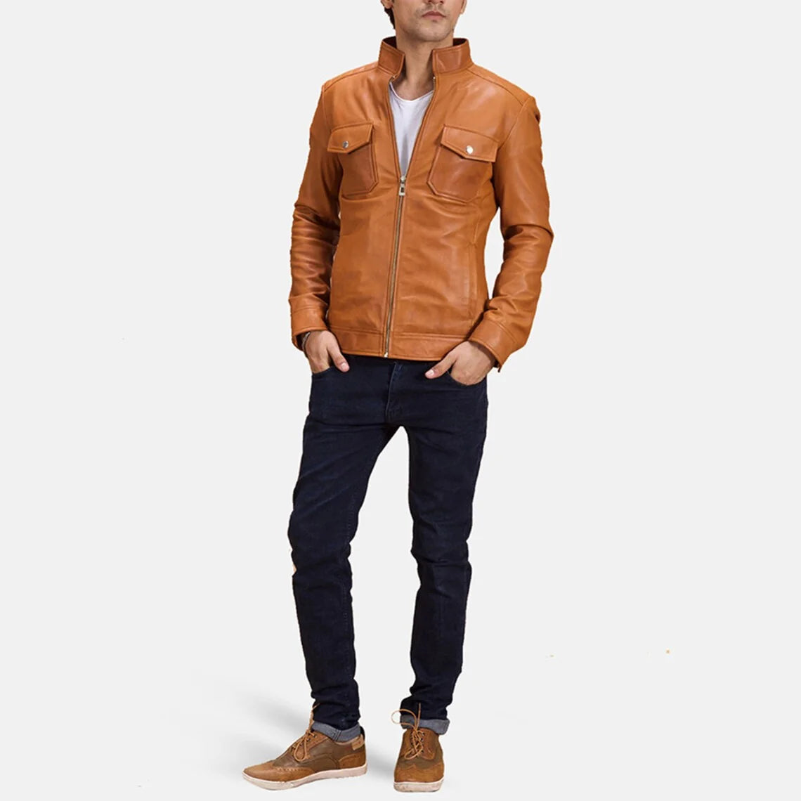 Men's Original Tan Leather Biker Jacket Front Zipper Handmade Slim fit Coat