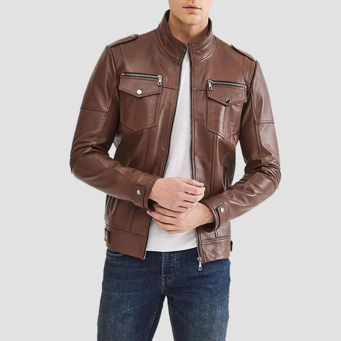 Handmade Brown Faux Leather Moto Jacket: Slim Fit Biker Style