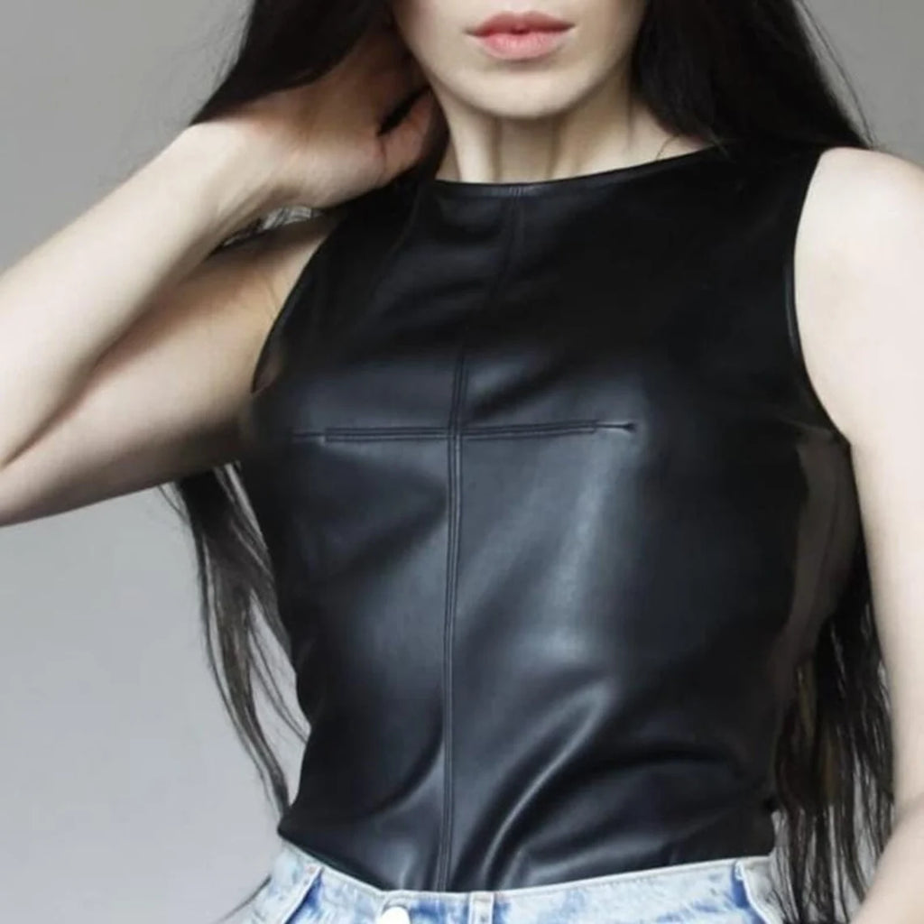 Stylish Women's Leather Tank Top – Edgy Sleeveless Faux Leather Fashion
