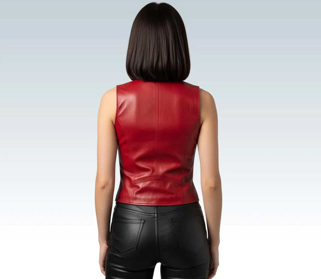Women's Red Cow Leather Vest–Genuine Sleeveless Western Biker Vest