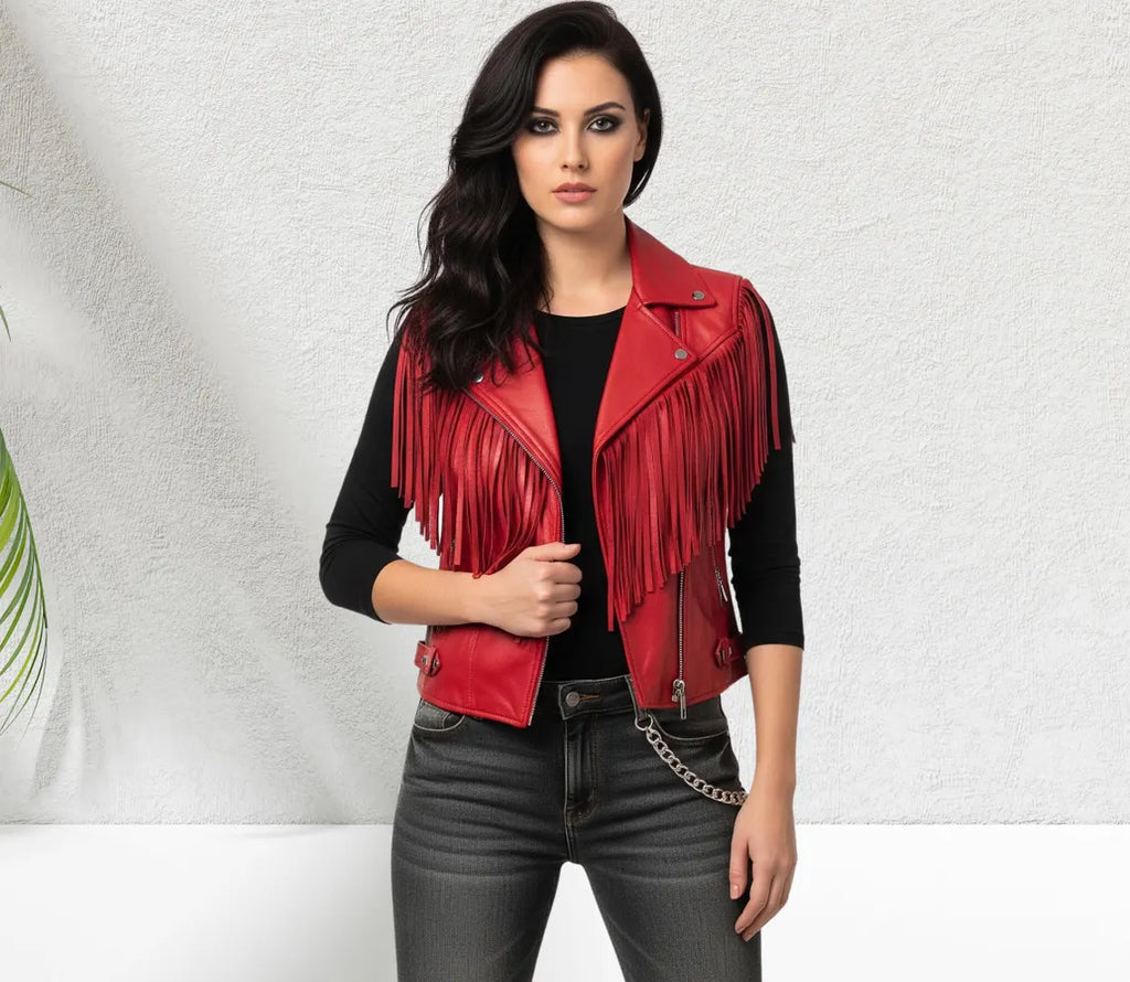 Women Red Leather Fringe Vest, Genuine Sleeveless Western Biker Fringe Vest