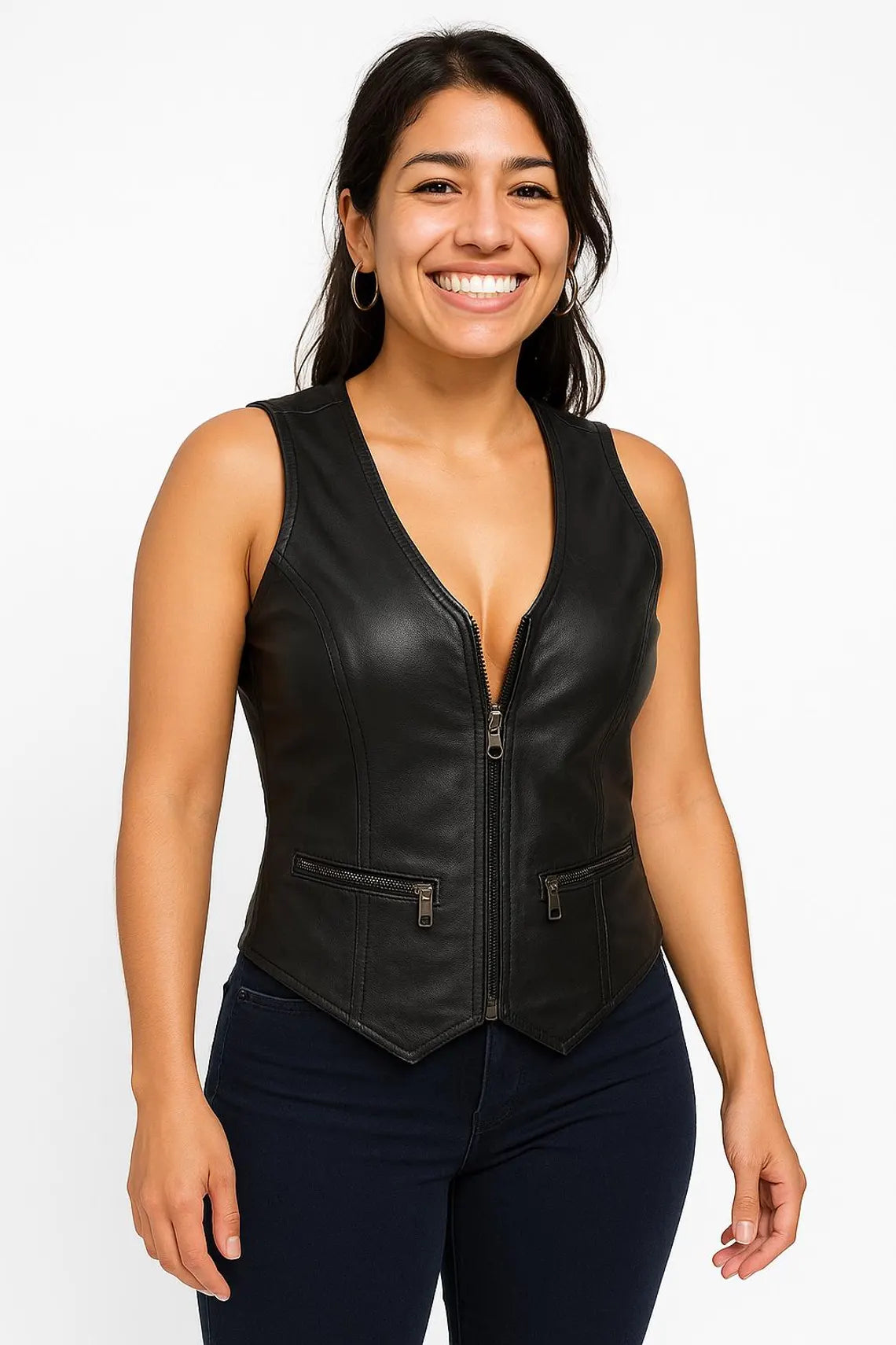 women genuine leather zipper closure fitted vest Style 108