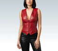 Women's Red Cow Leather Vest–Genuine Sleeveless Western Biker Vest