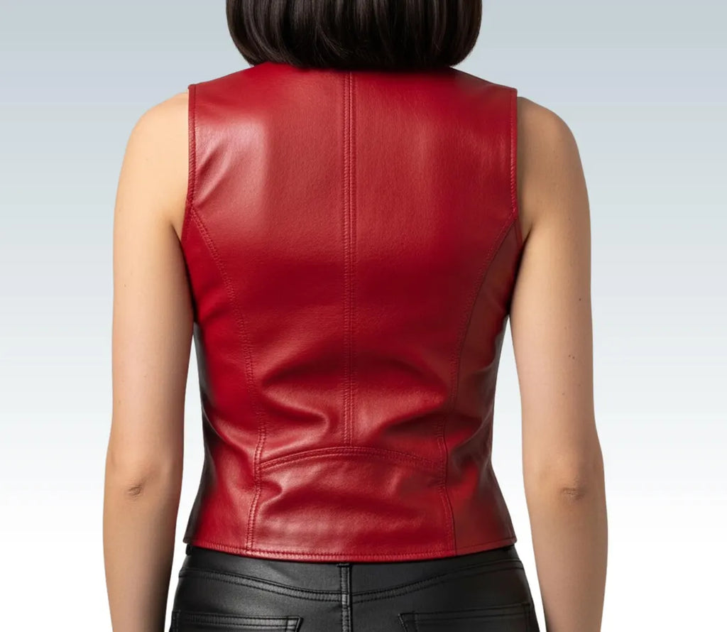 Women's Red Cow Leather Vest–Genuine Sleeveless Western Biker Vest