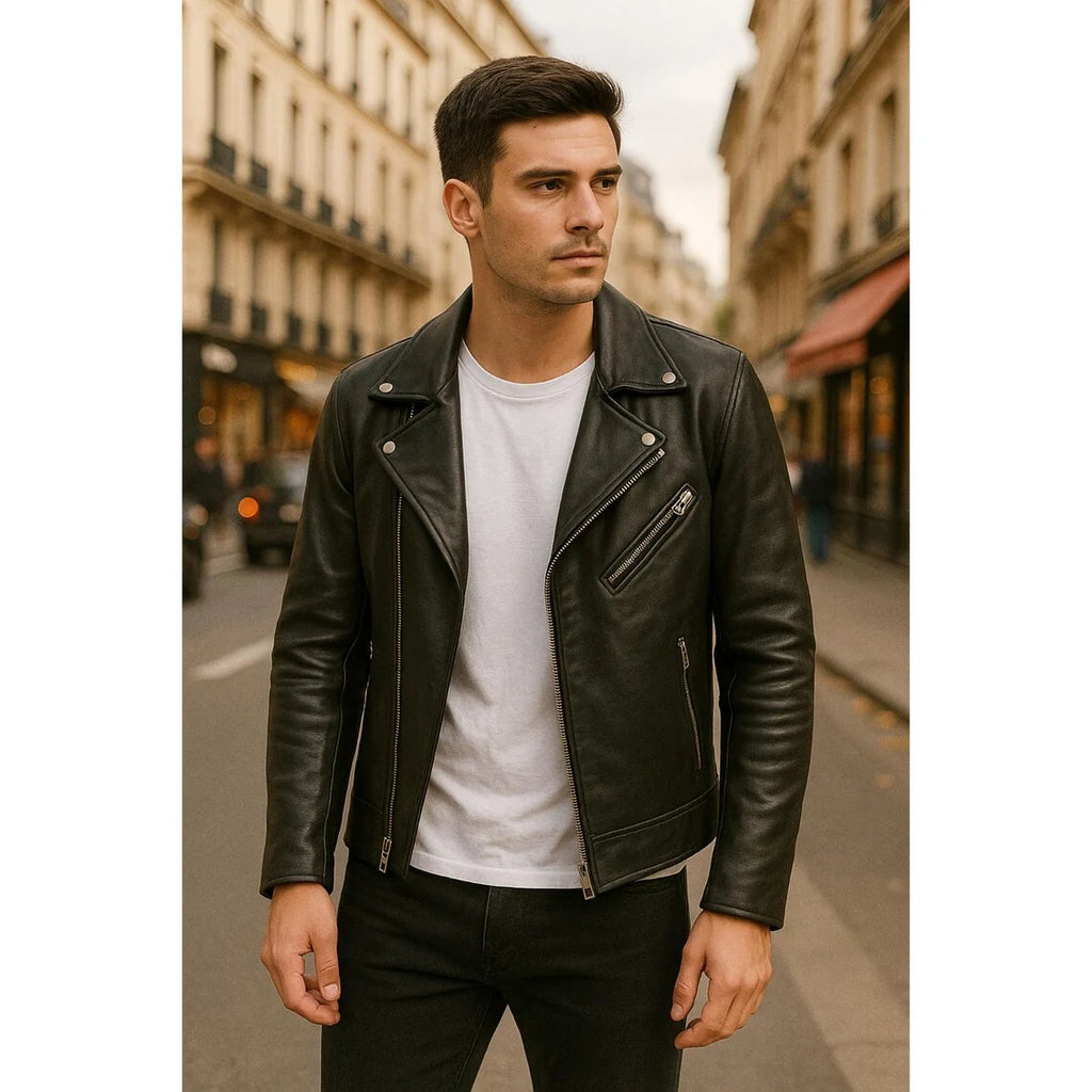 Men's Vintage Asymmetrical Zipper Motorcycle Biker Genuine Leather Racing Jacket