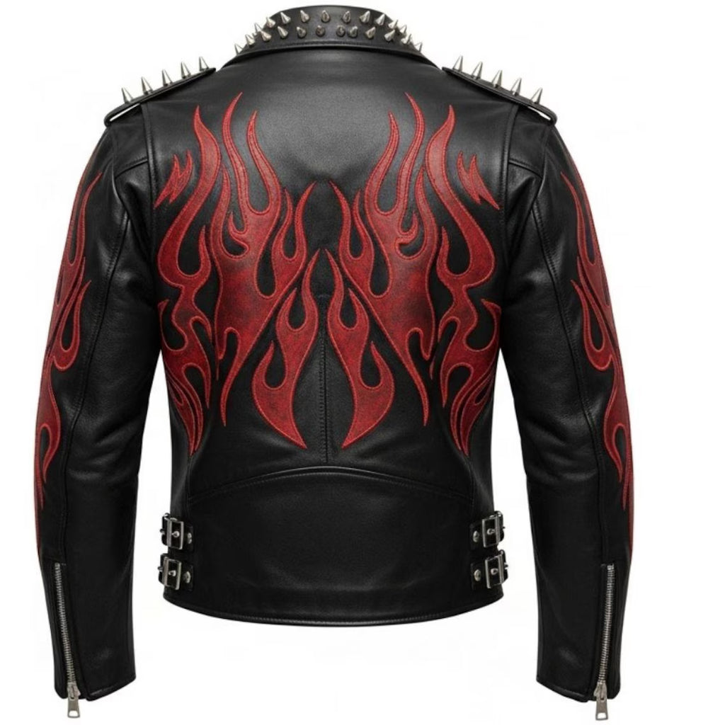 Red Flame Black Leather Biker Jacket: Spiked Shoulders, Studded Collar