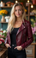 Burgundy Leather Biker Jacket – Handmade Slim Fit Moto Style