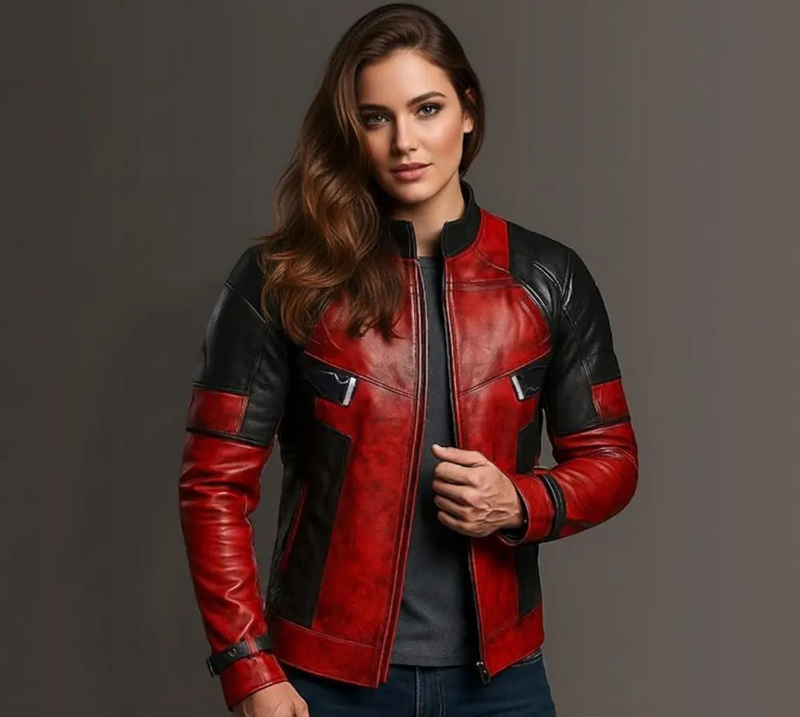 Women’s Red and Black Leather Jacket | Biker Moto Style Handmade Outerwear