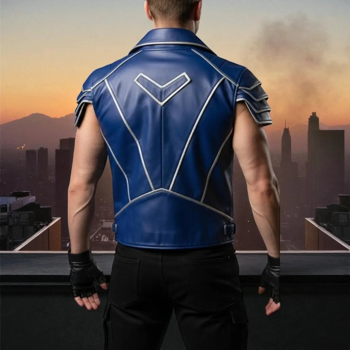 Handmade Blue Leather Biker Vest | Custom Fitted Motorcycle Waistcoat