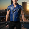 Handmade Blue Leather Biker Vest | Custom Fitted Motorcycle Waistcoat