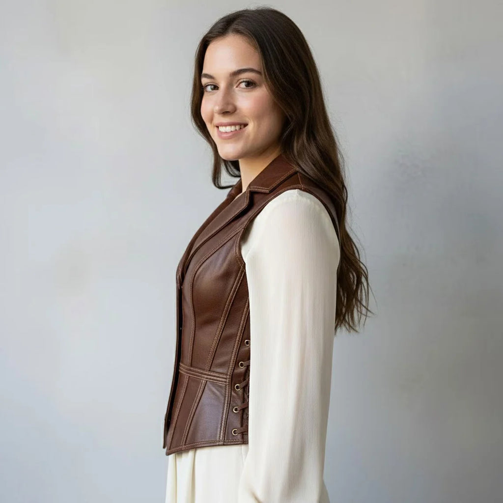 Handmade Brown Leather Vest for Women, Elegant Slim Fit