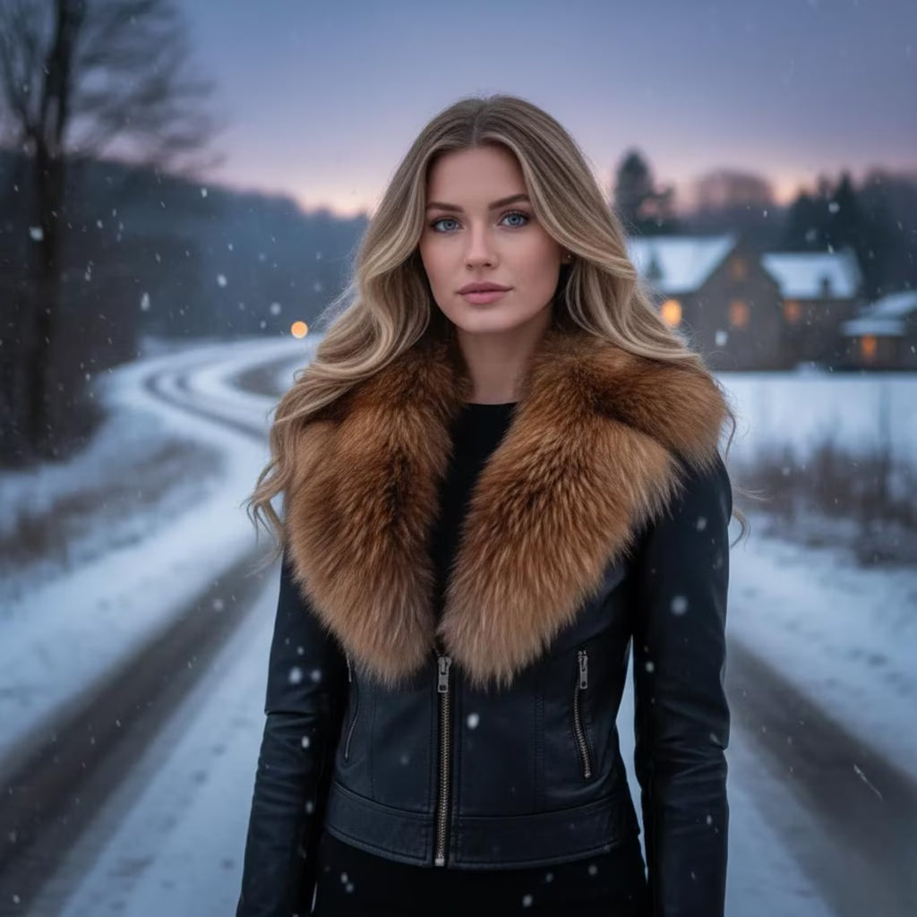 Genuine Leather Jacket: Women’s Vintage Black Coat with Fox Fur Collar