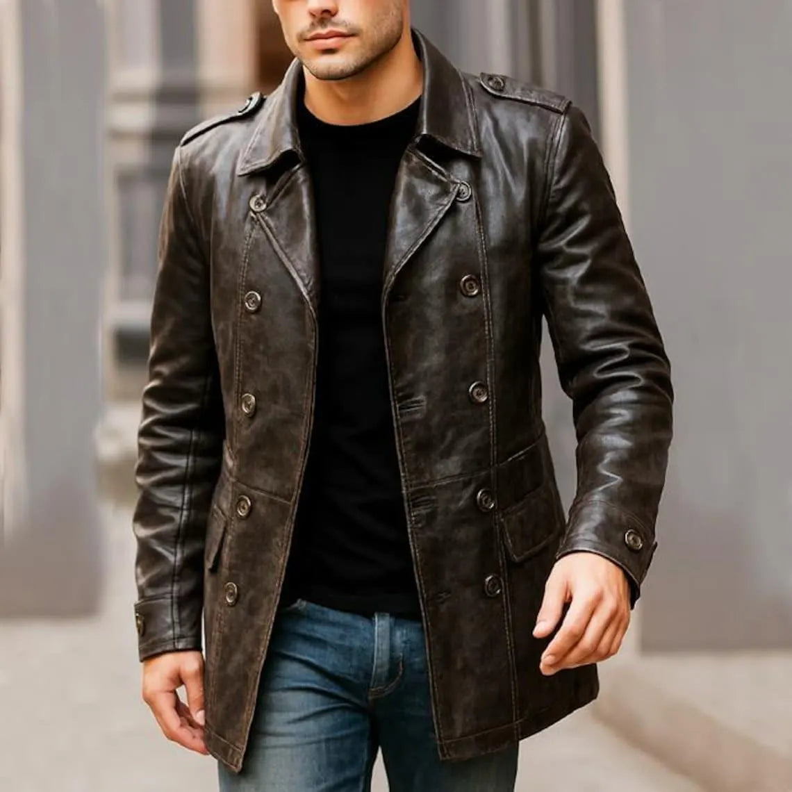 Men's Brown Leather Jacket, Double Breasted Trench Coat