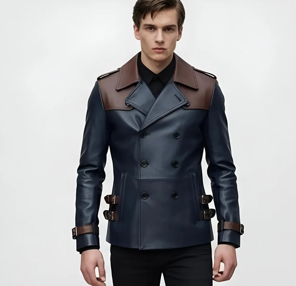 Men’s Leather Trench Jacket – Double Breasted Navy Blue