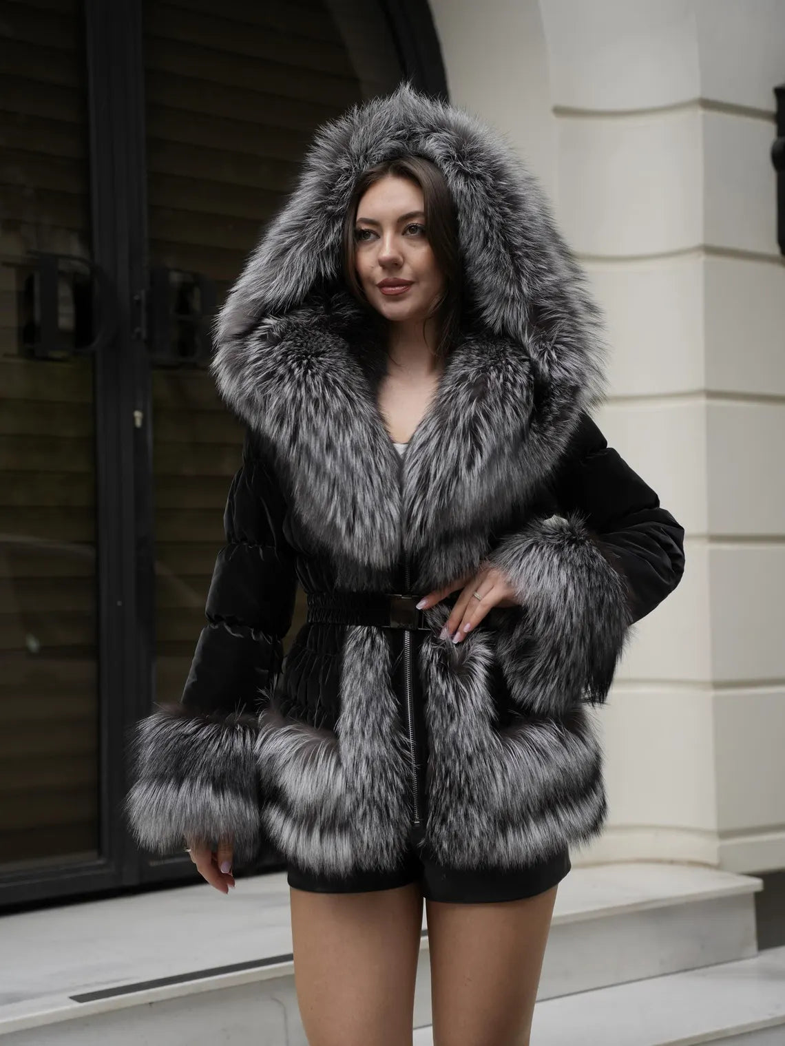 Silver Fox Fur Puffer Jacket: Handmade Hooded Winter Coat