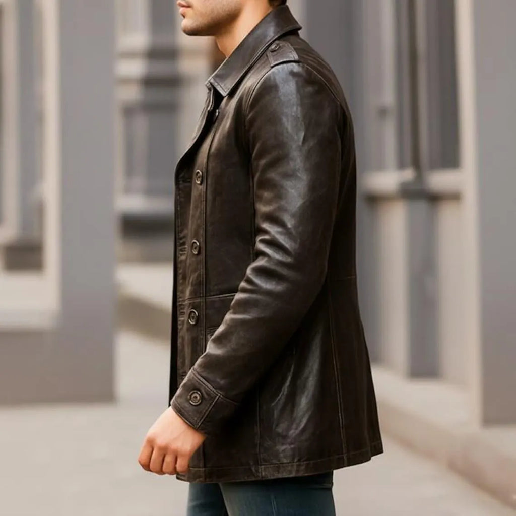 Men's Brown Leather Jacket, Double Breasted Trench Coat
