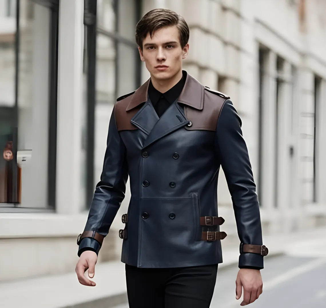 Men’s Leather Trench Jacket – Double Breasted Navy Blue