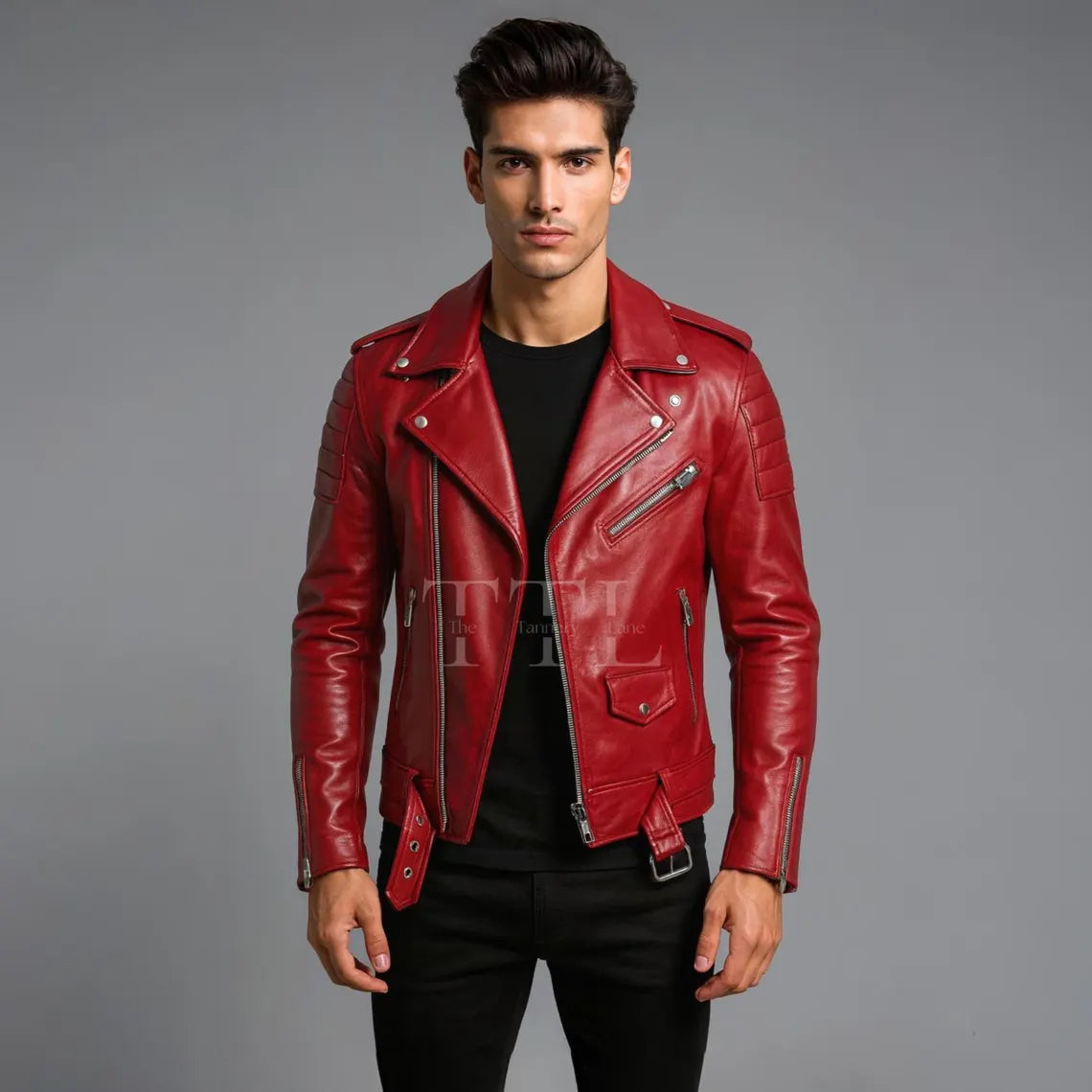 Handmade Red Lambskin Leather Biker Jacket – Slim Fit