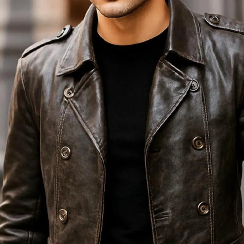 Men's Brown Leather Jacket, Double Breasted Trench Coat