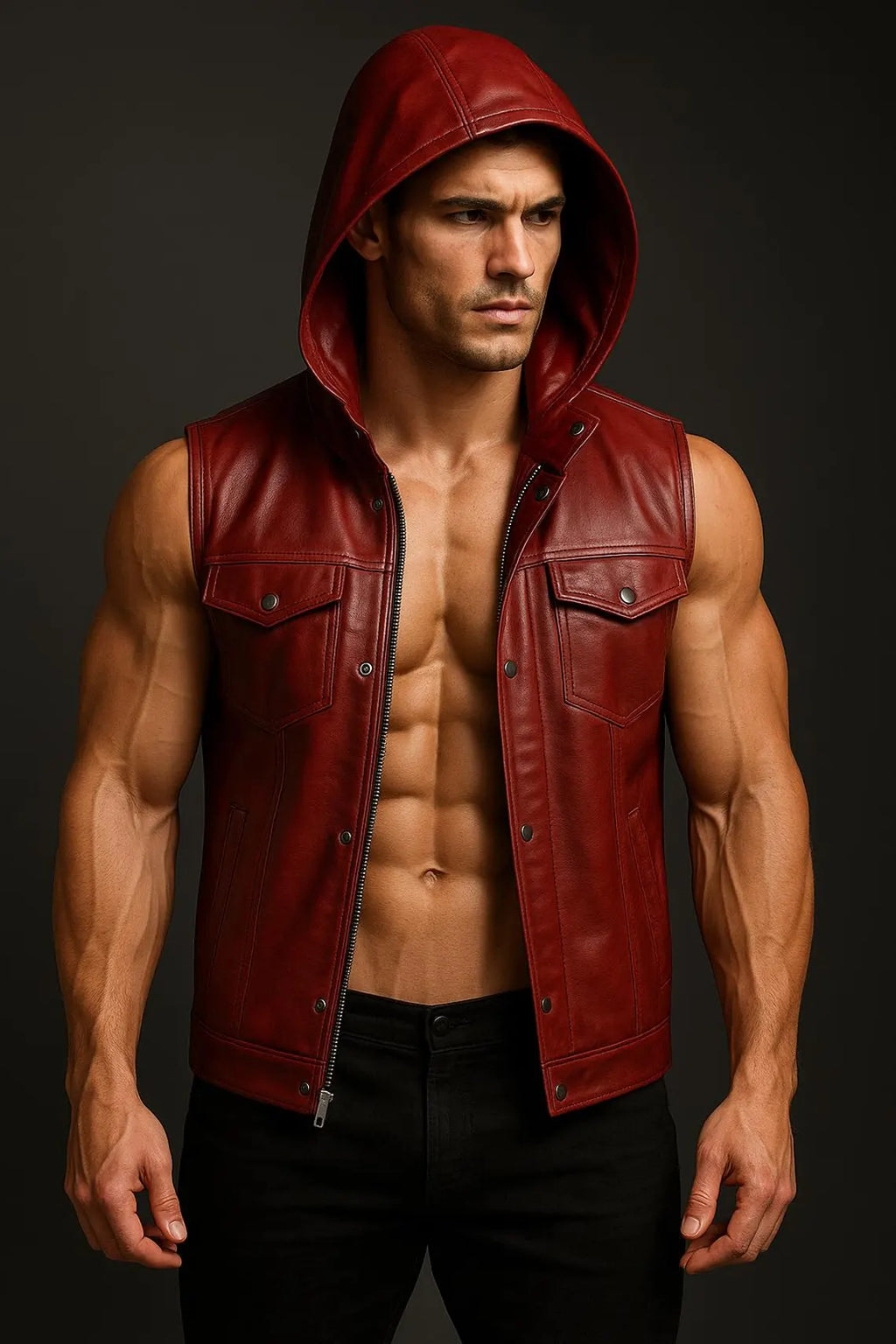 Red Leather Hooded Vest: Handmade Genuine Sheepskin