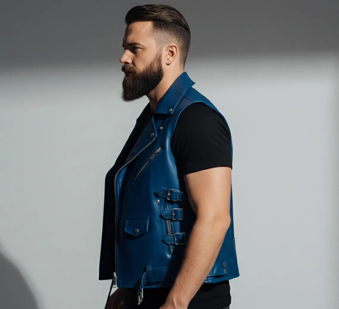 Premium Blue Leather Vest For Men