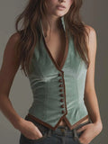 Sage Velvet and Contrast Leather Trim Slim Fit Vest