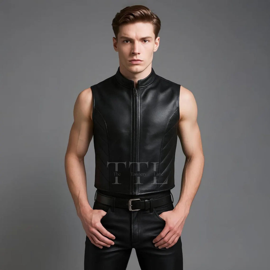 Handmade Sheepskin Leather Biker Vest – Men's Sleeveless