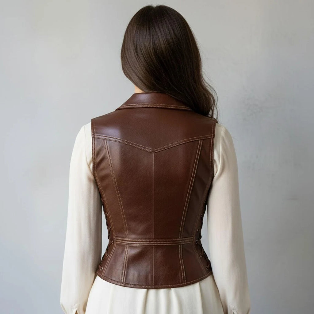 Handmade Brown Leather Vest for Women, Elegant Slim Fit