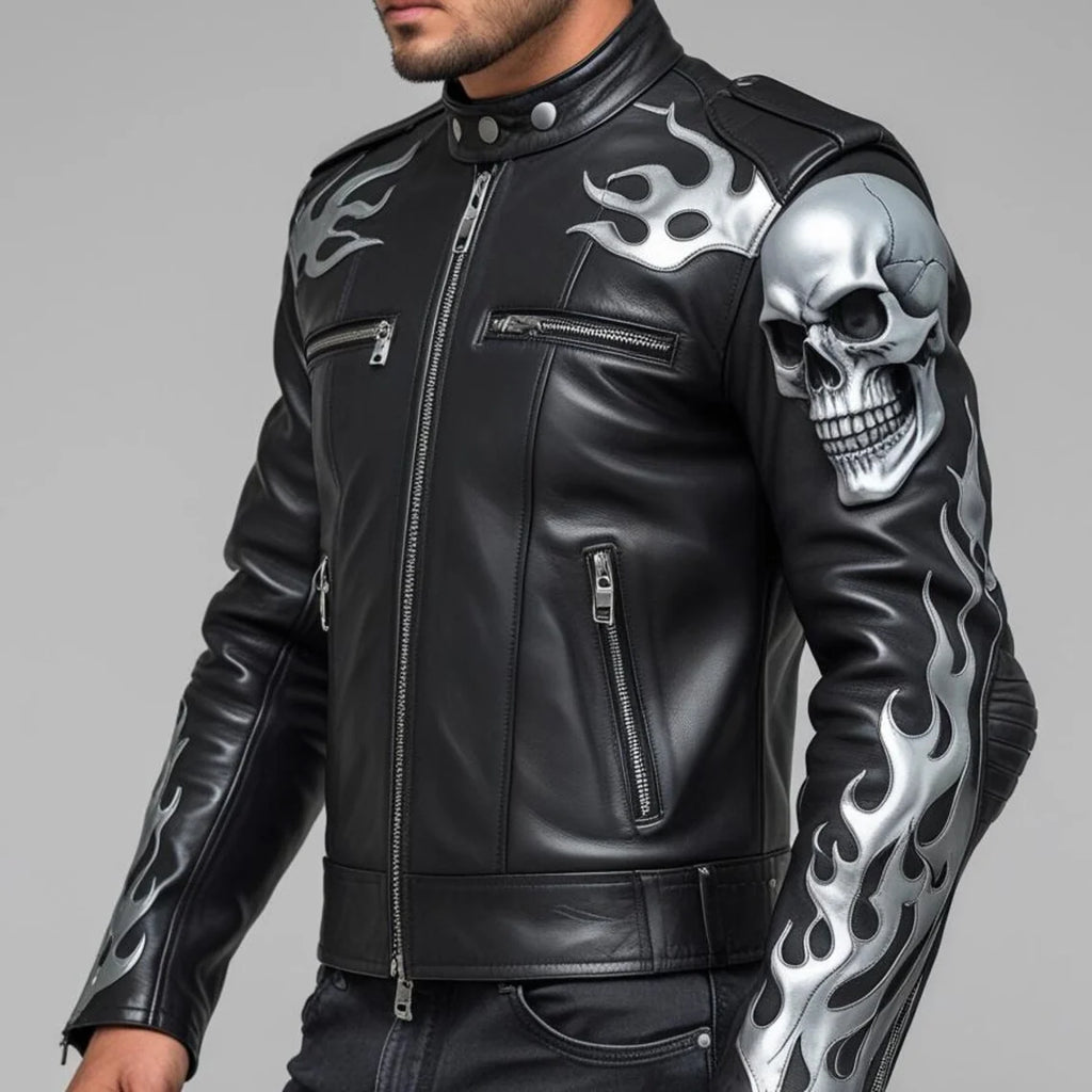 Handmade Black Leather Biker Jacket: Skull & Flames, Gothic Punk Motorcycle Coat