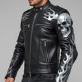 Handmade Black Leather Biker Jacket: Skull & Flames, Gothic Punk Motorcycle Coat