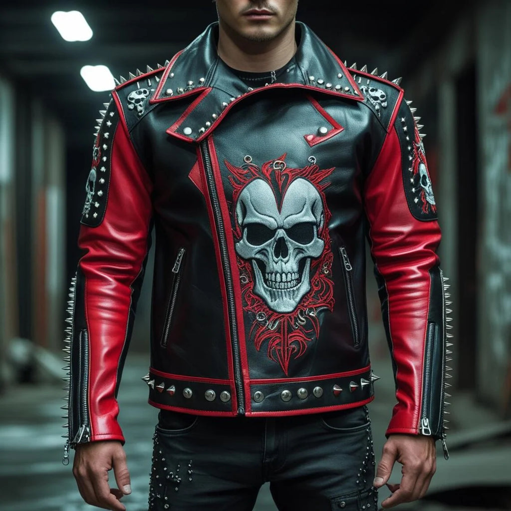 Handmade Black and Red Spiked Leather Biker Jacket Skull Embroidered