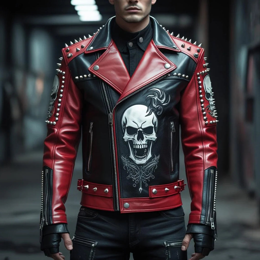 Handmade Black and Red Spiked Leather Biker Jacket Skull Embroidered