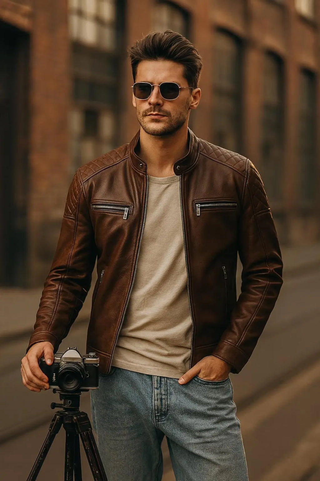Handmade Mens leather jacket-Slim Fit Brown
