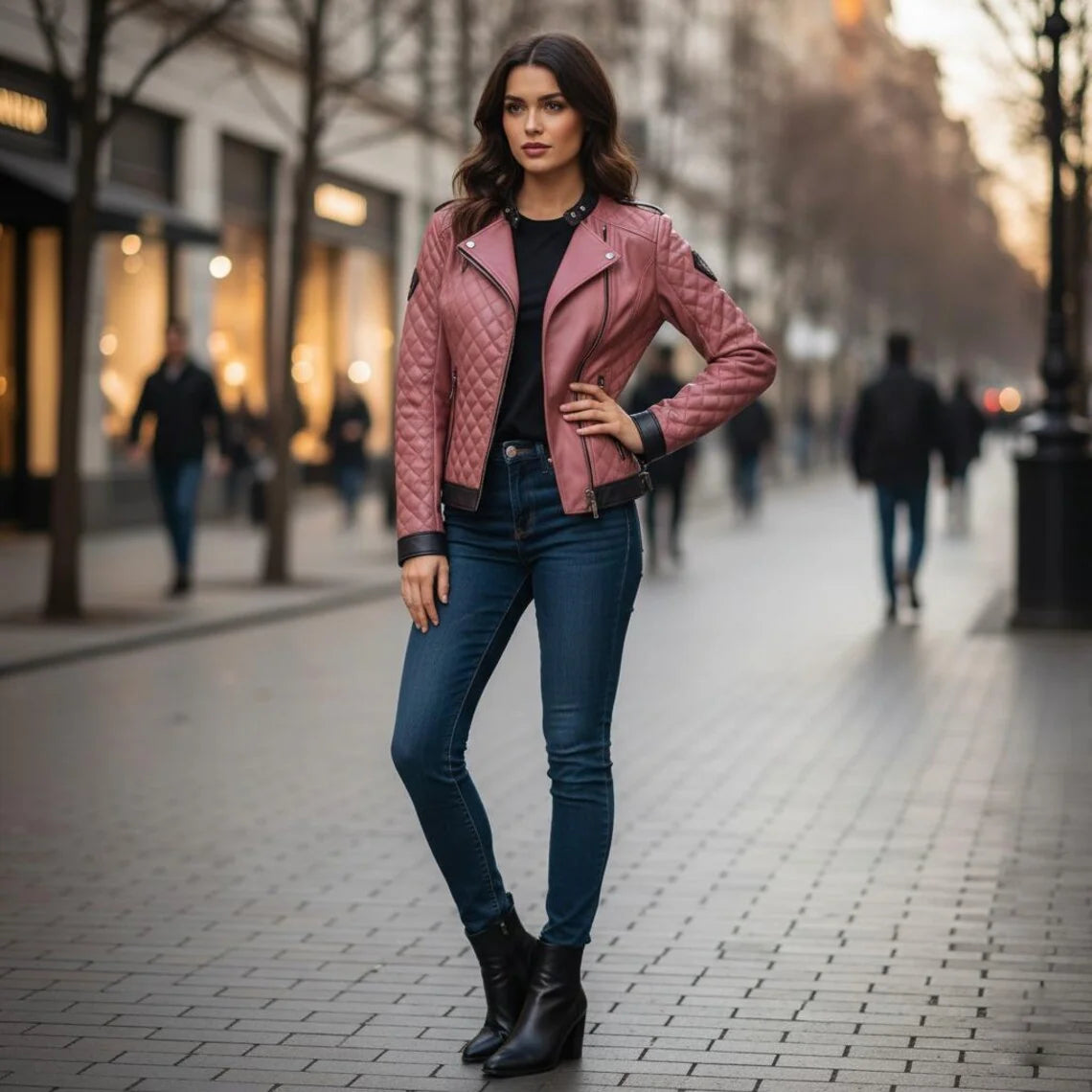 Black Pink Genuine Sheepskin Diamond Quilted Rider Leather Jacket