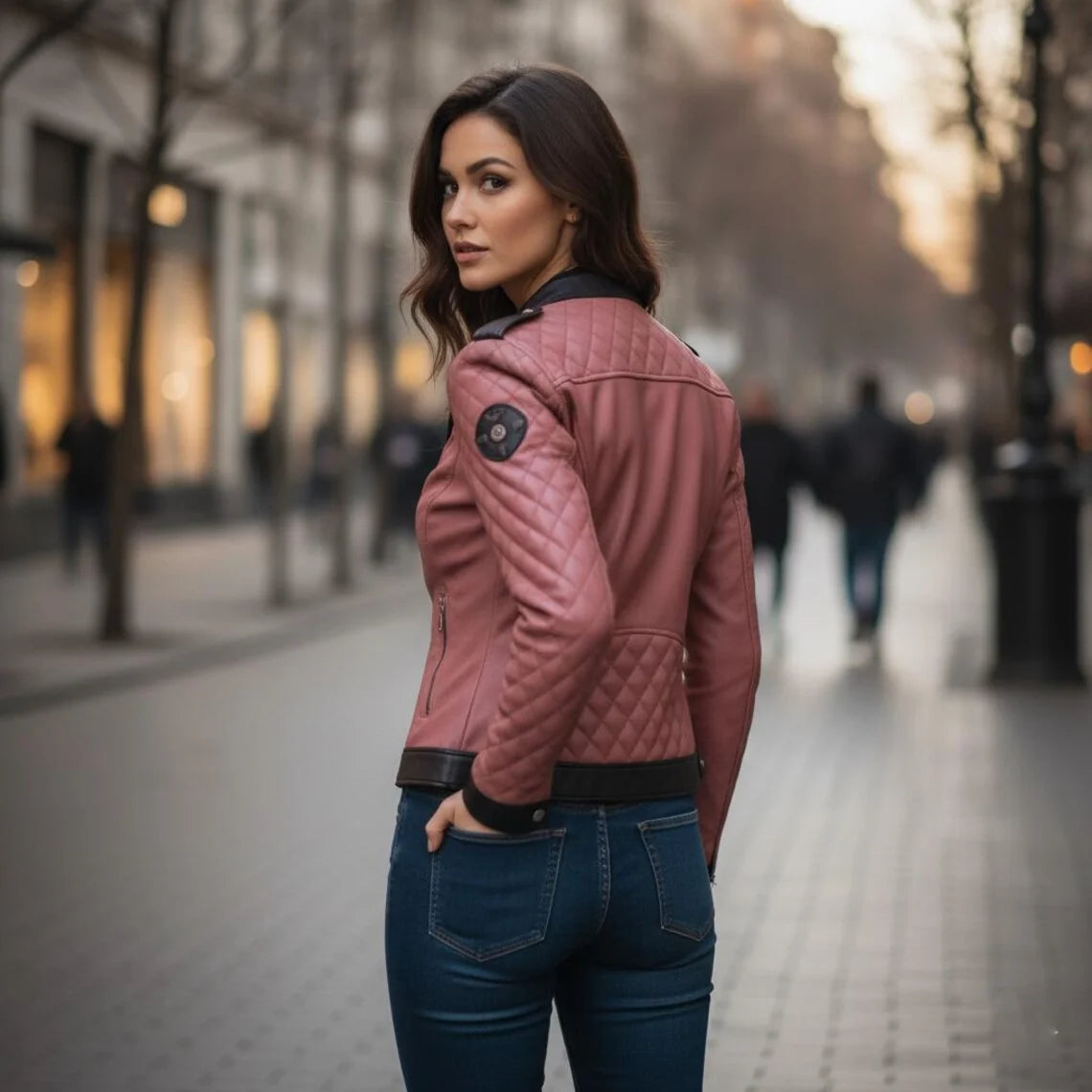 Black Pink Genuine Sheepskin Diamond Quilted Rider Leather Jacket