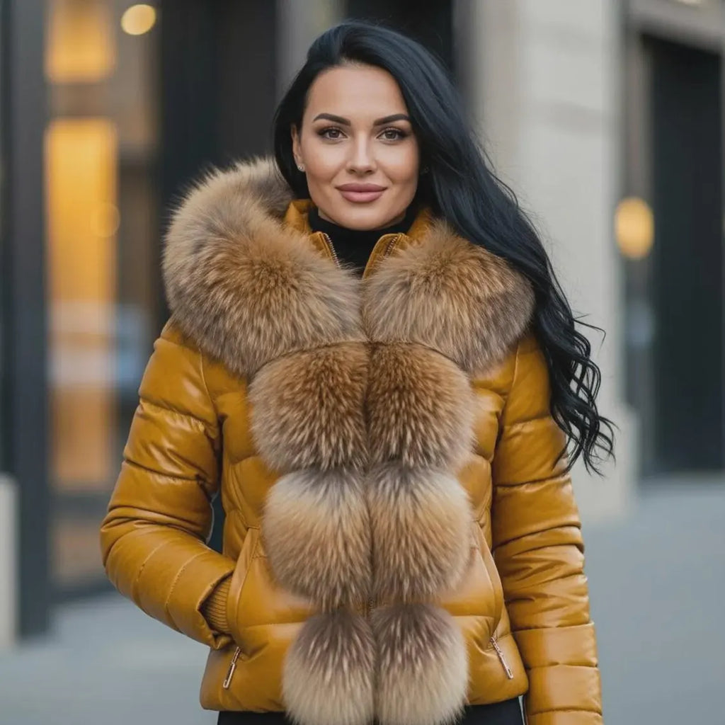 Women’s Winter Puffer Leather Jacket Real Fox Fur Trim Hood