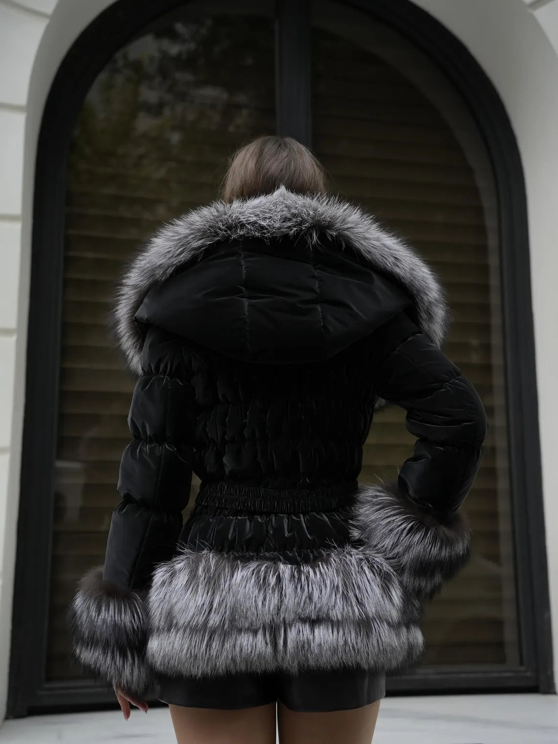 Silver Fox Fur Puffer Jacket: Handmade Hooded Winter Coat