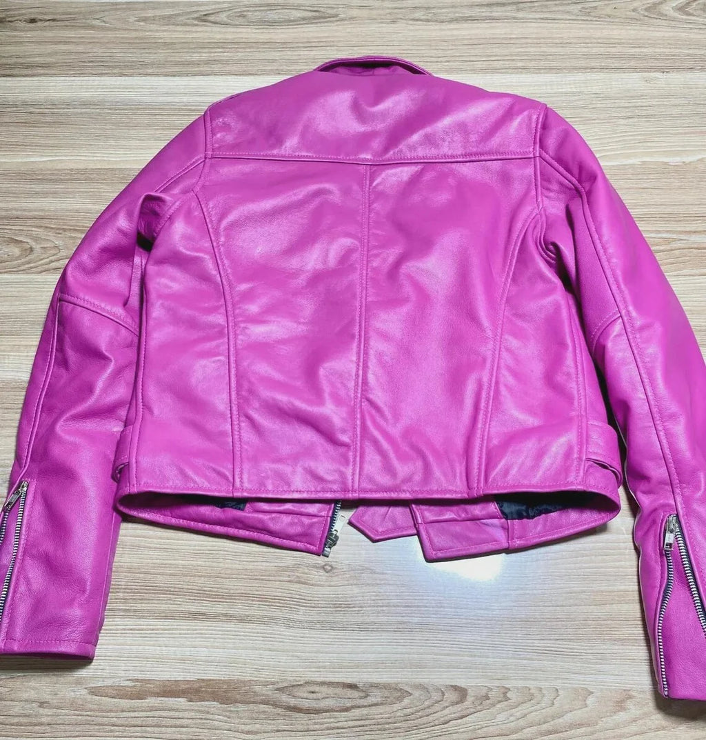 Women's Hot Pink Biker Jacket, Casual Cropped Jacket, Women's Biker Motorcycle Jacket
