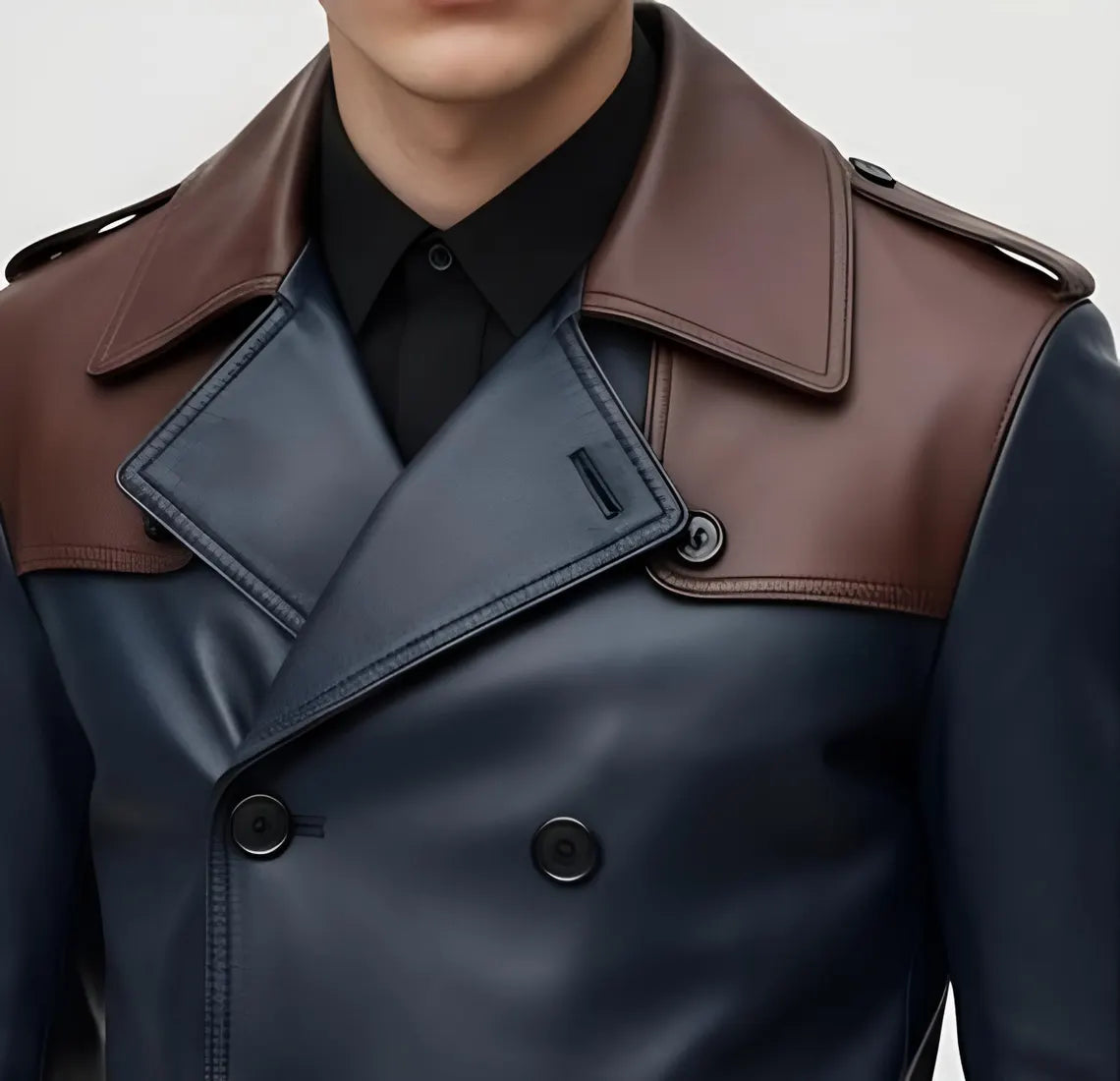 Men’s Leather Trench Jacket – Double Breasted Navy Blue