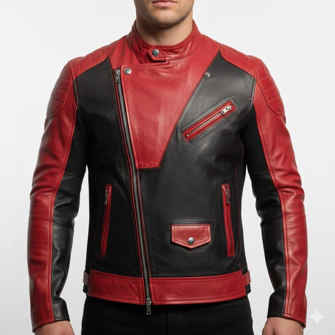 Handmade Red & Black Leather Biker Jacket | Men's Moto Jacket
