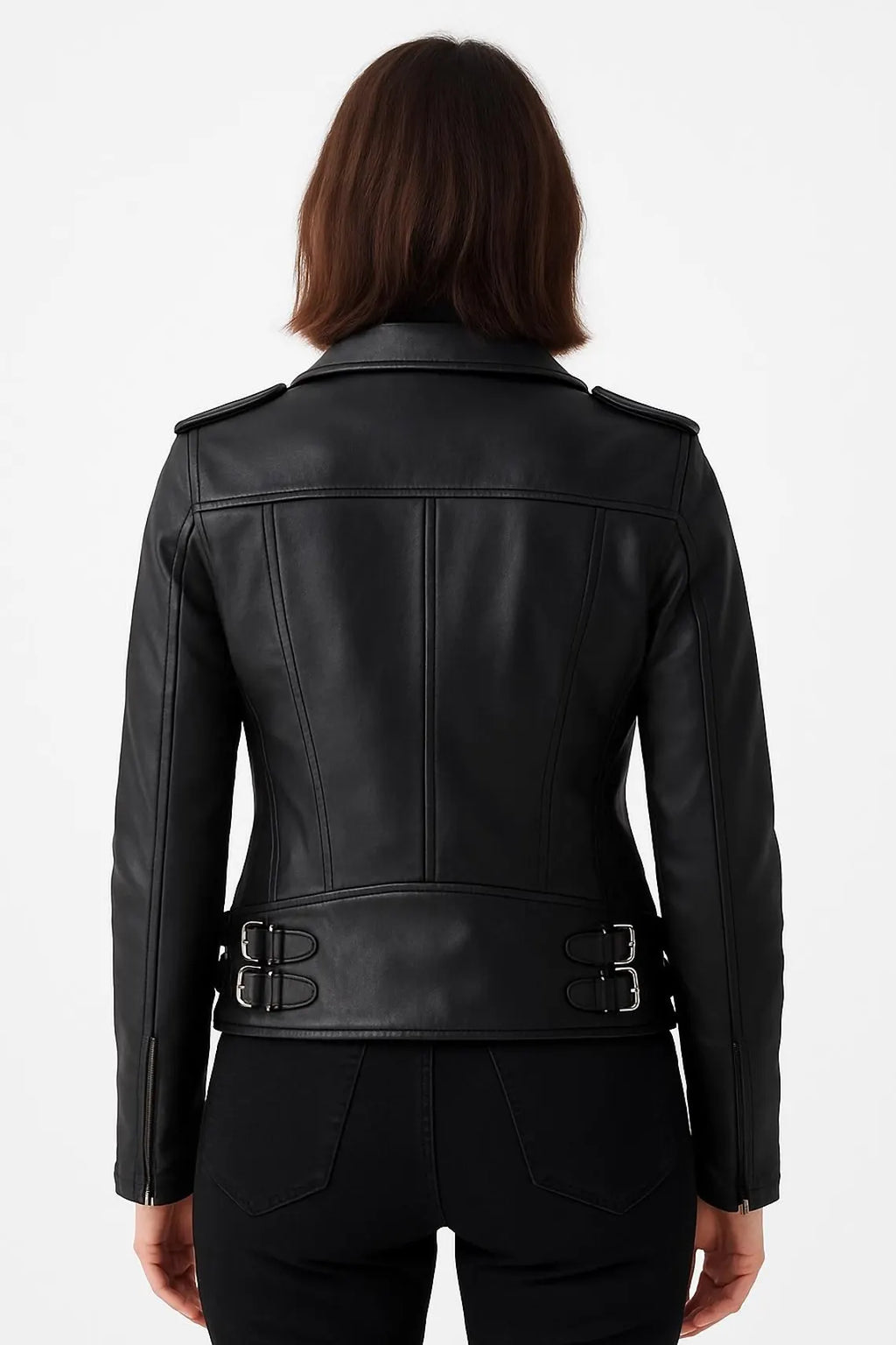Handmade Women Slim Fit Black Leather Biker Jacket