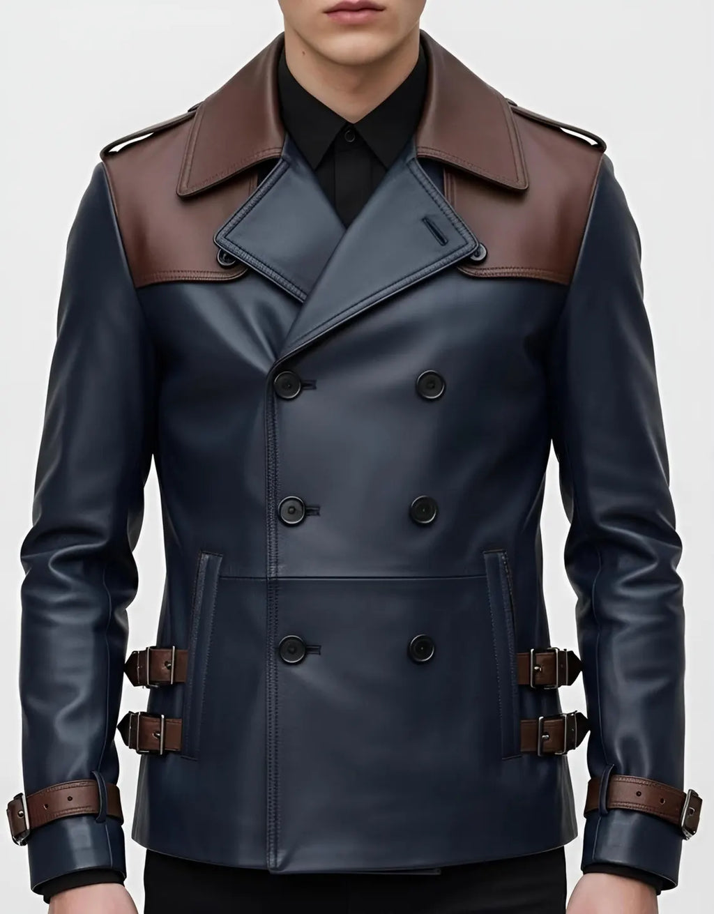 Men’s Leather Trench Jacket – Double Breasted Navy Blue